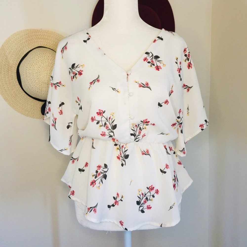 White Floral V-neck Peplum Blouse with Buttons